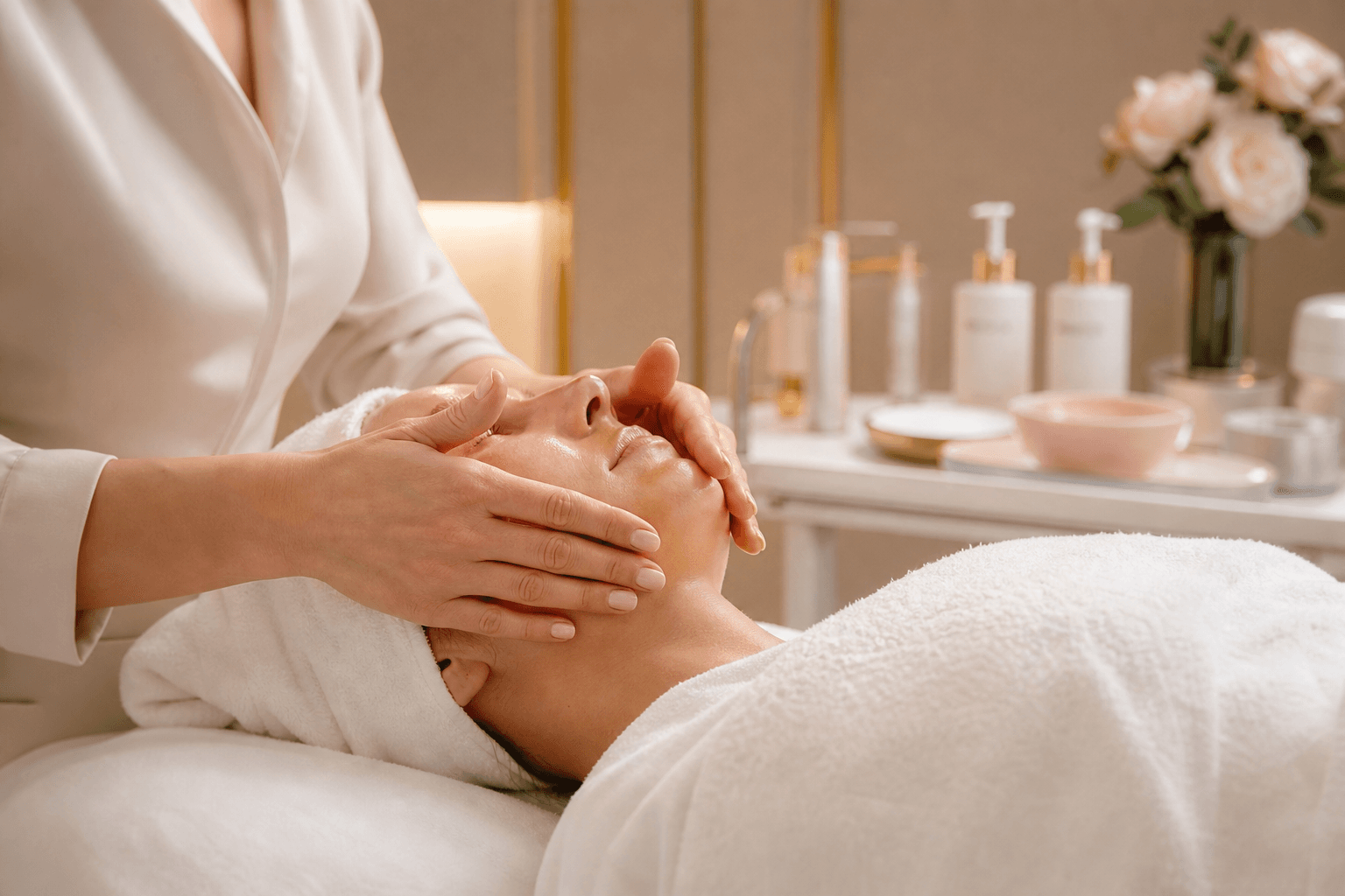 Atendimento facial delicado em clínica estética premium