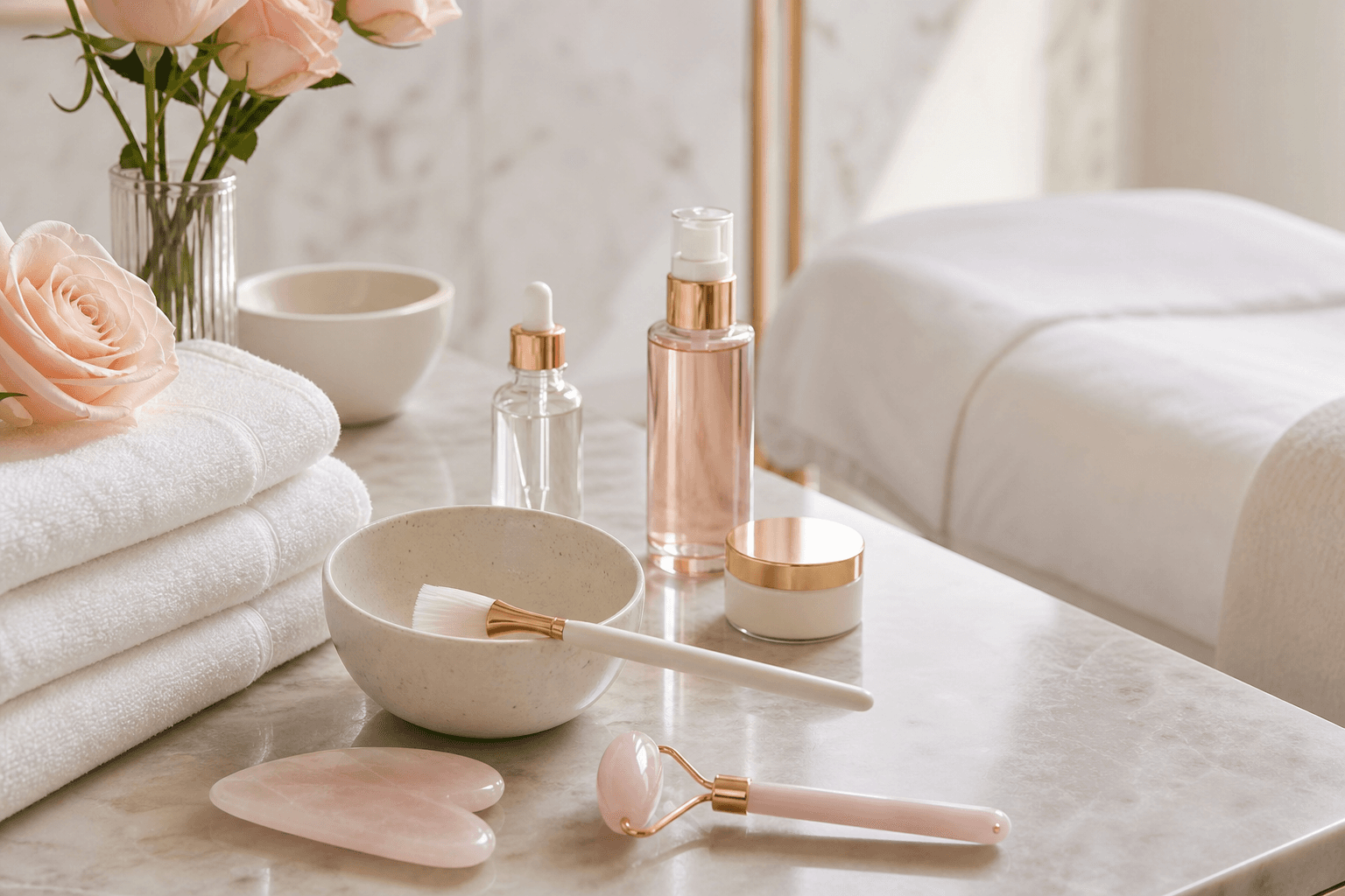 Detalhes de skincare com toalhas, séruns e instrumentos de estética